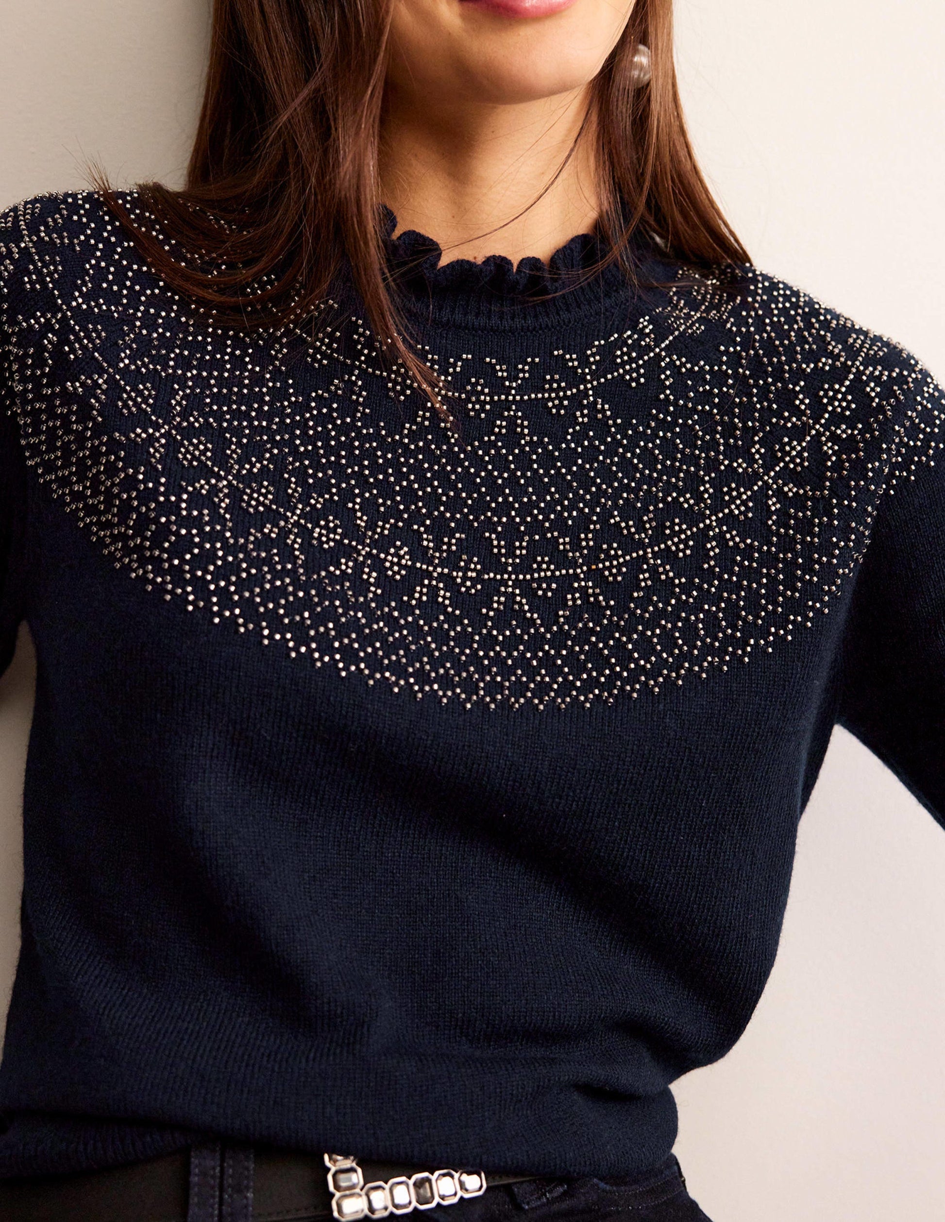 Pull à empiècement ornementé-Bleu marine-2