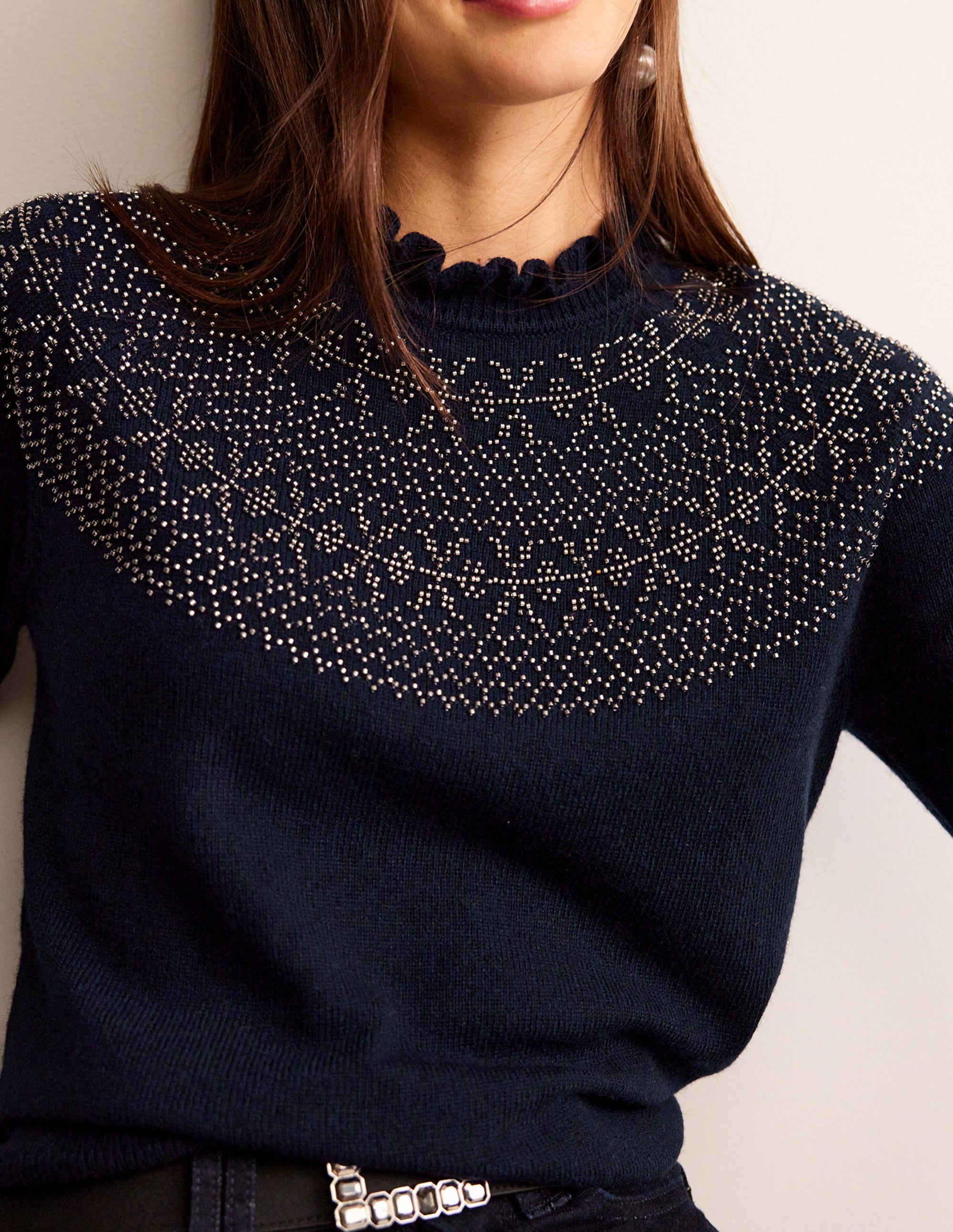 Pull à empiècement ornementé-Bleu marine - Image 2
