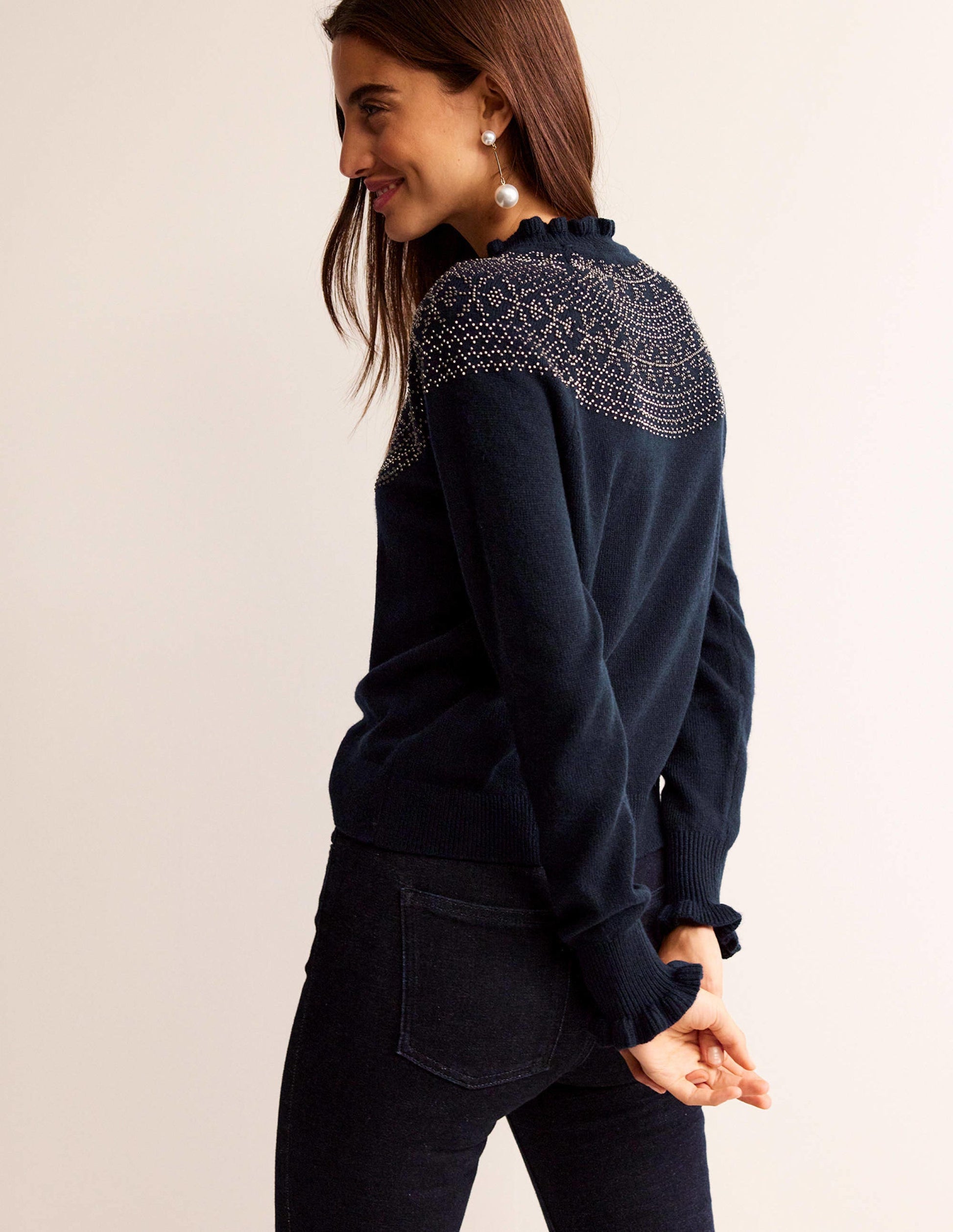 Pull à empiècement ornementé-Bleu marine-3