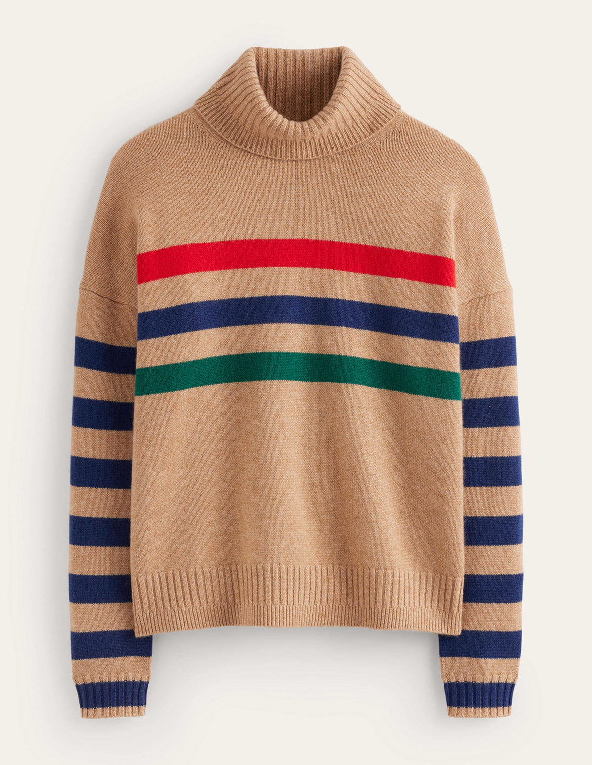 Kaschmirpullover mit Rollkragen-Kamelbraun und rote Streifen - Image 5