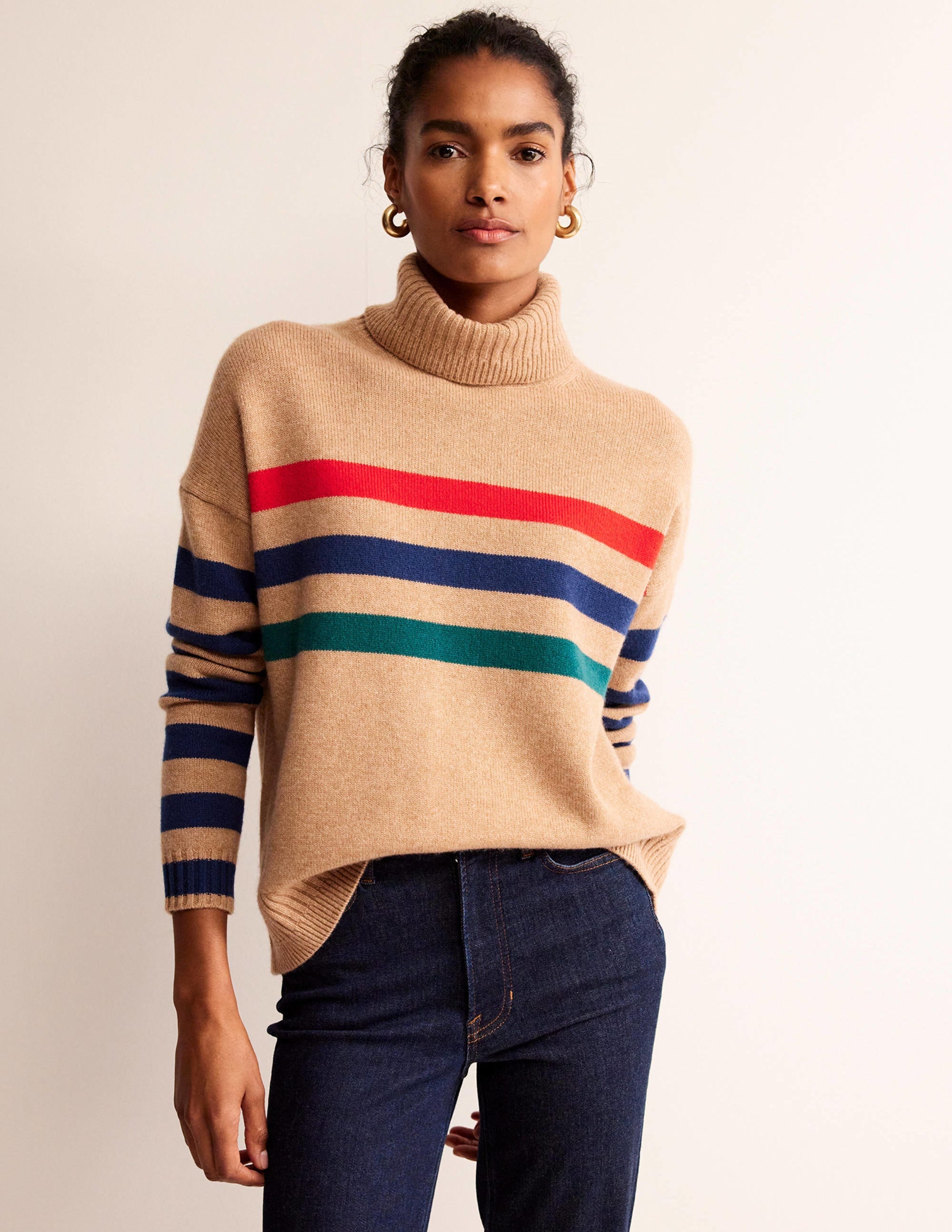 Kaschmirpullover mit Rollkragen-Kamelbraun und rote Streifen - Image 2