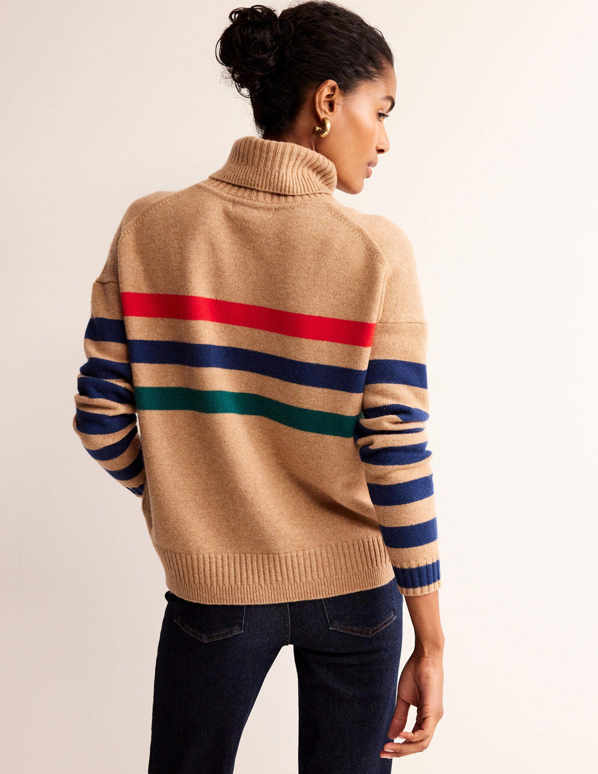 Kaschmirpullover mit Rollkragen-Kamelbraun und rote Streifen - Image 4