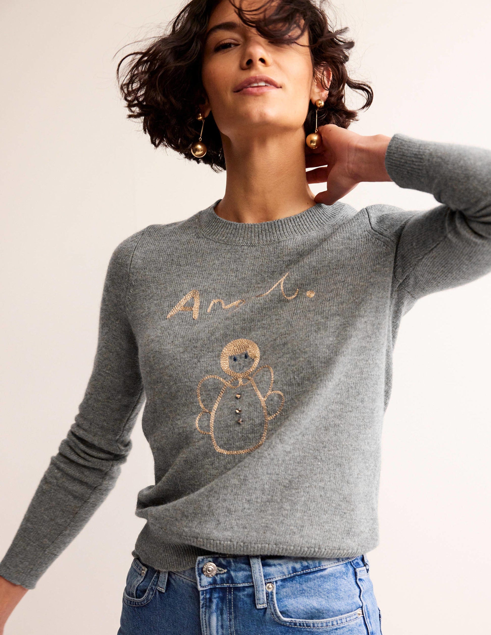 Festlicher Pullover mit Stickerei-Grau Meliert, Engel-1