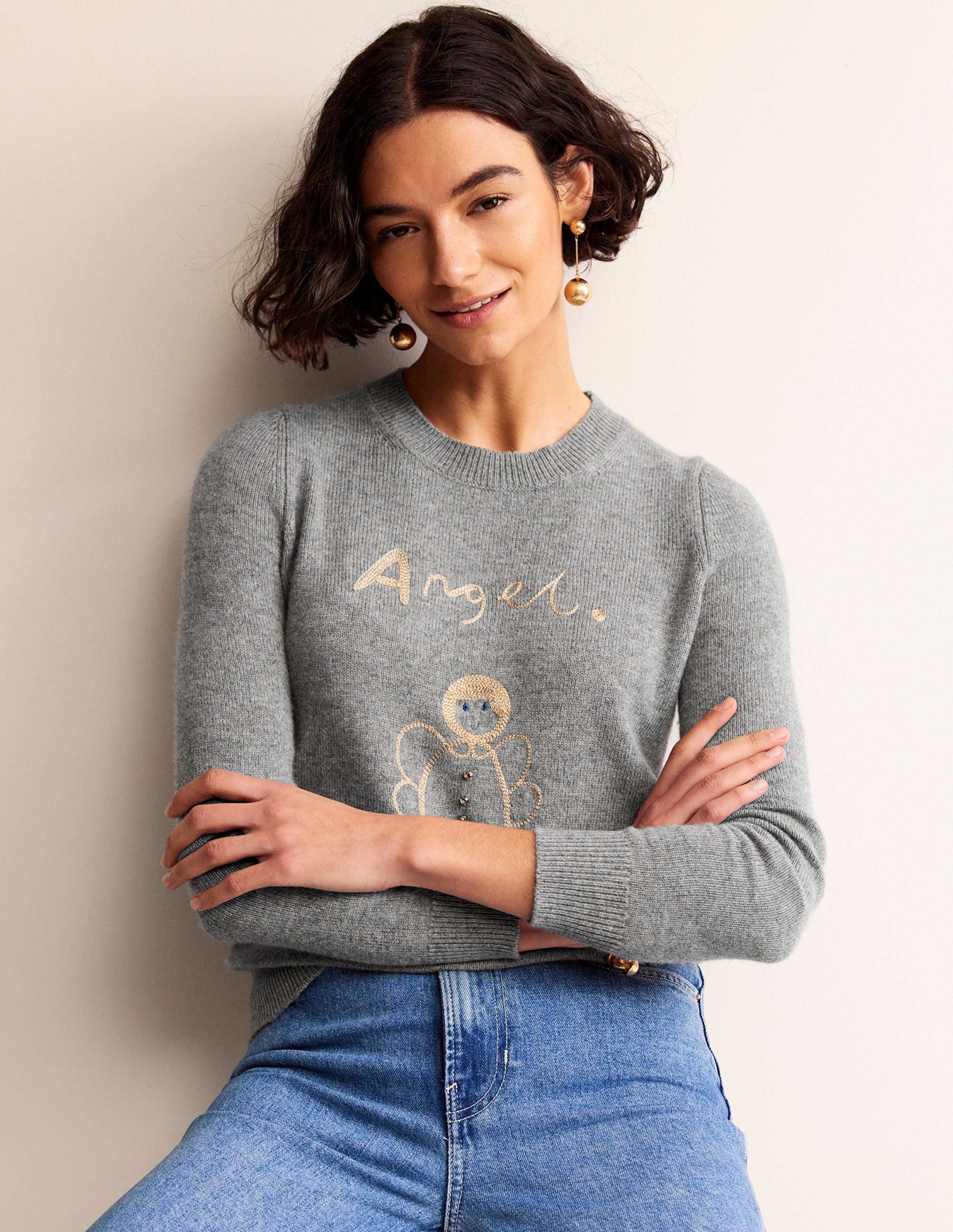Festlicher Pullover mit Stickerei-Grau Meliert, Engel-4