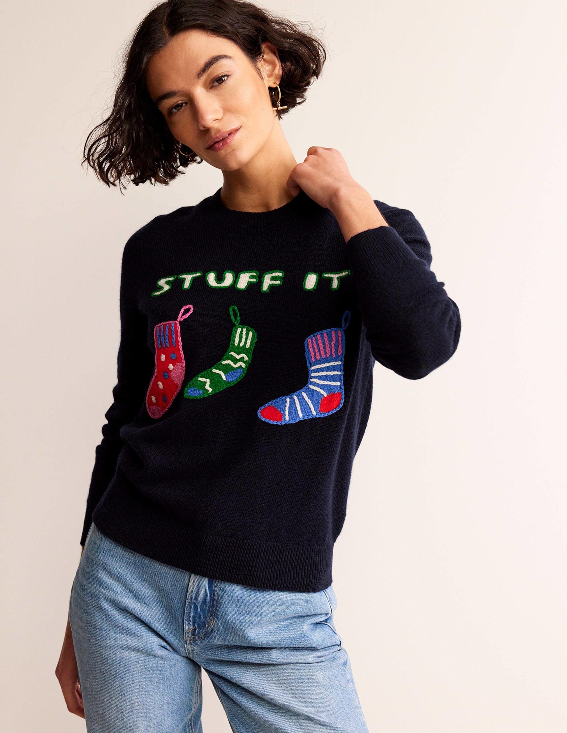 Festlicher Pullover mit Stickerei-Marineblau, Stuff It-1