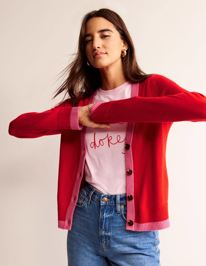 Alma Strickjacke mit Kontrastbesatz-Flame Scarlet, Sangria Sunset