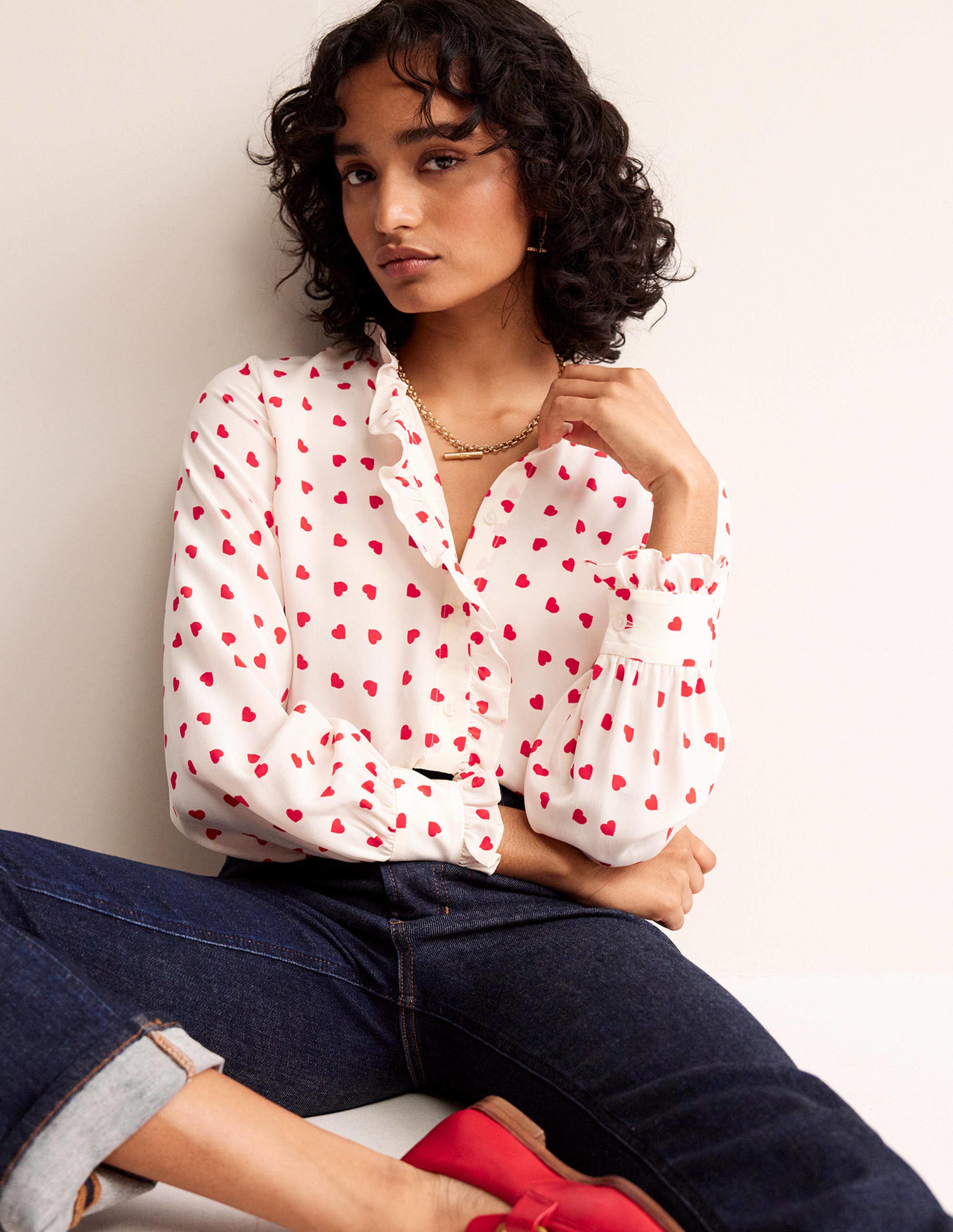 Ruffle Neck Silk Blouse-Ivory, Love Heart - Image 1