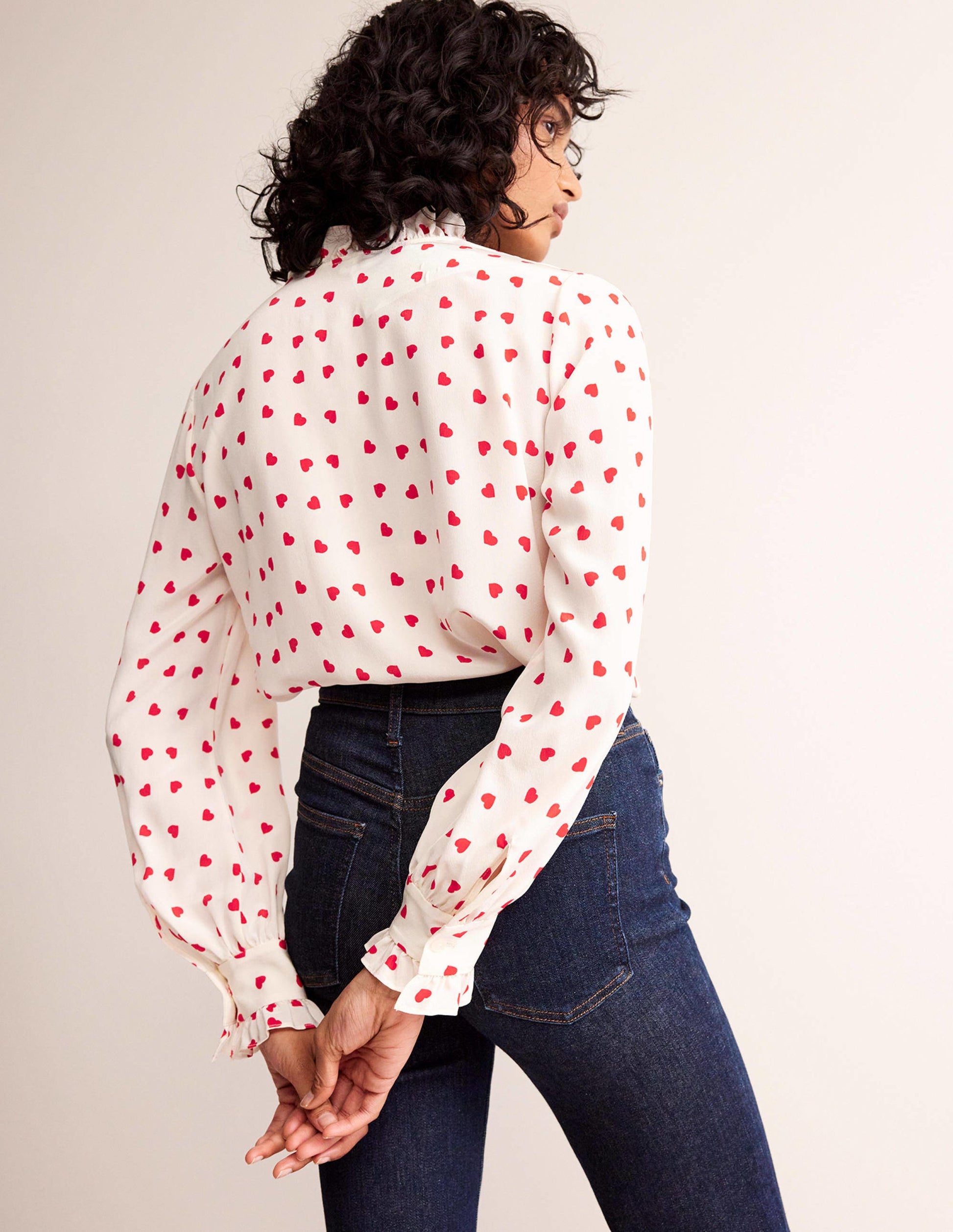 Ruffle Neck Silk Blouse-Ivory, Love Heart-3