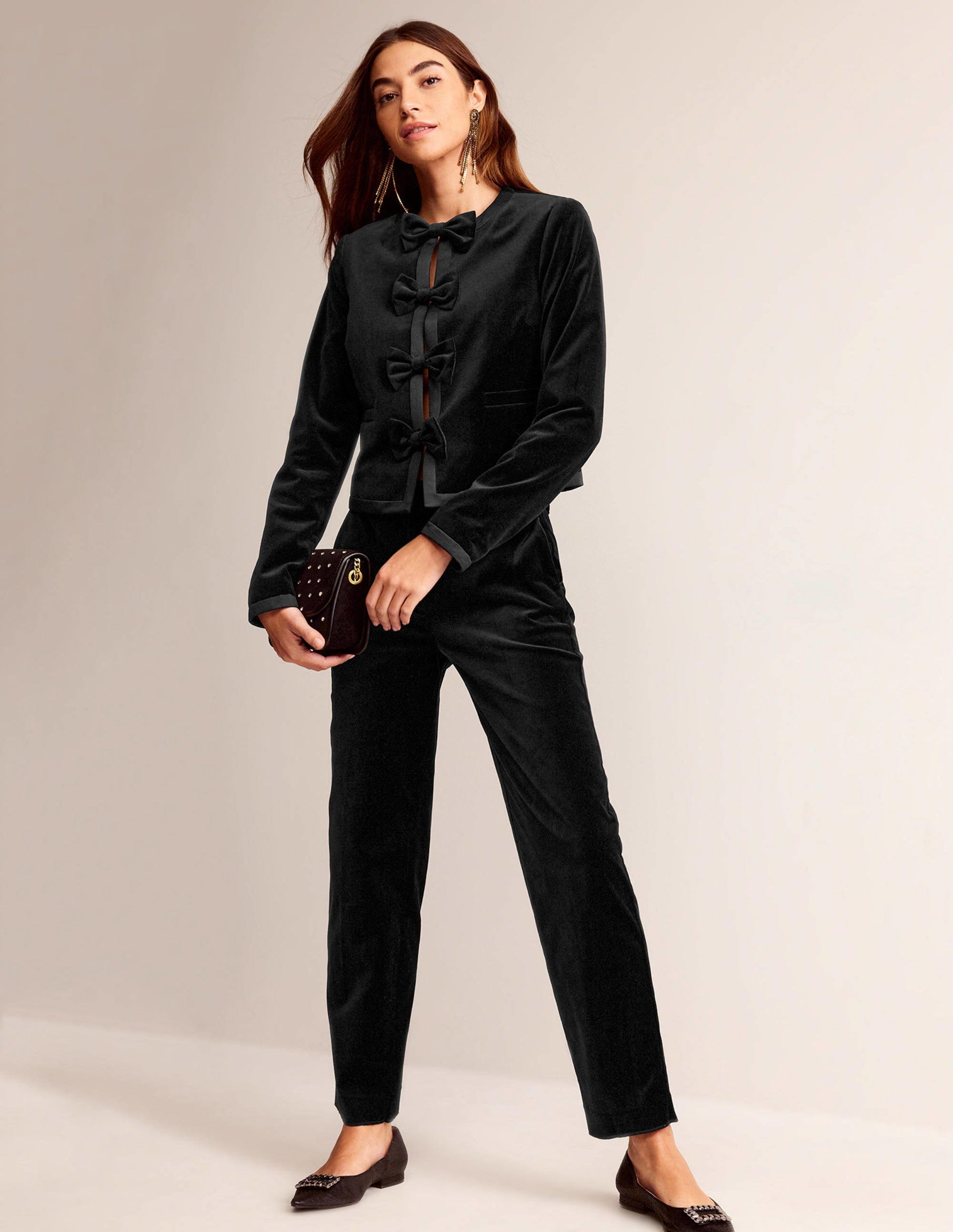 Bow-Trim Collarless Jacket-Black-1