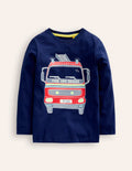 T-shirt phosphorescent-Camion de pompiers bleu marine universitaire