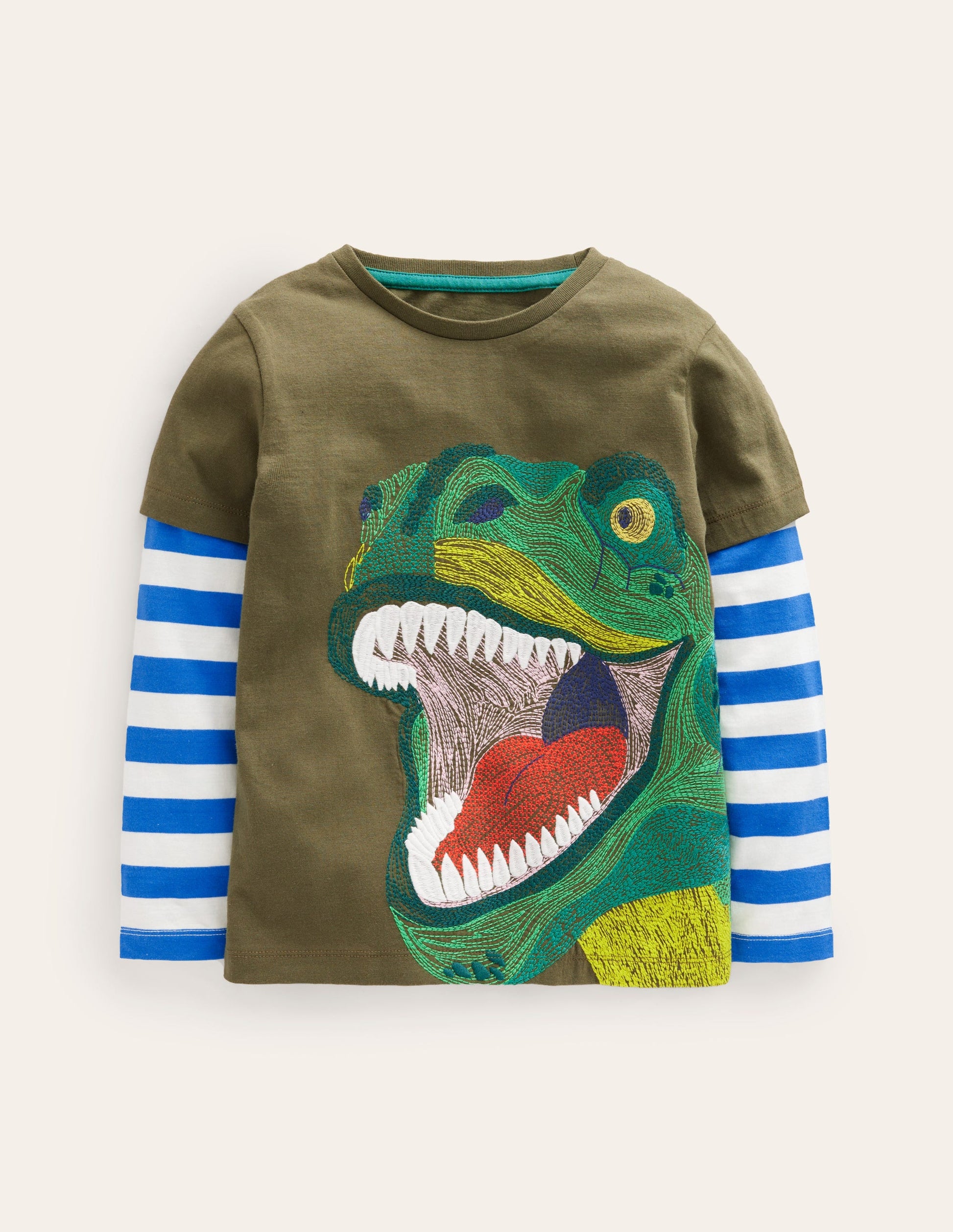 T-Shirt mit Applikation im Lagenlook-Klassisches Khaki Dino-1