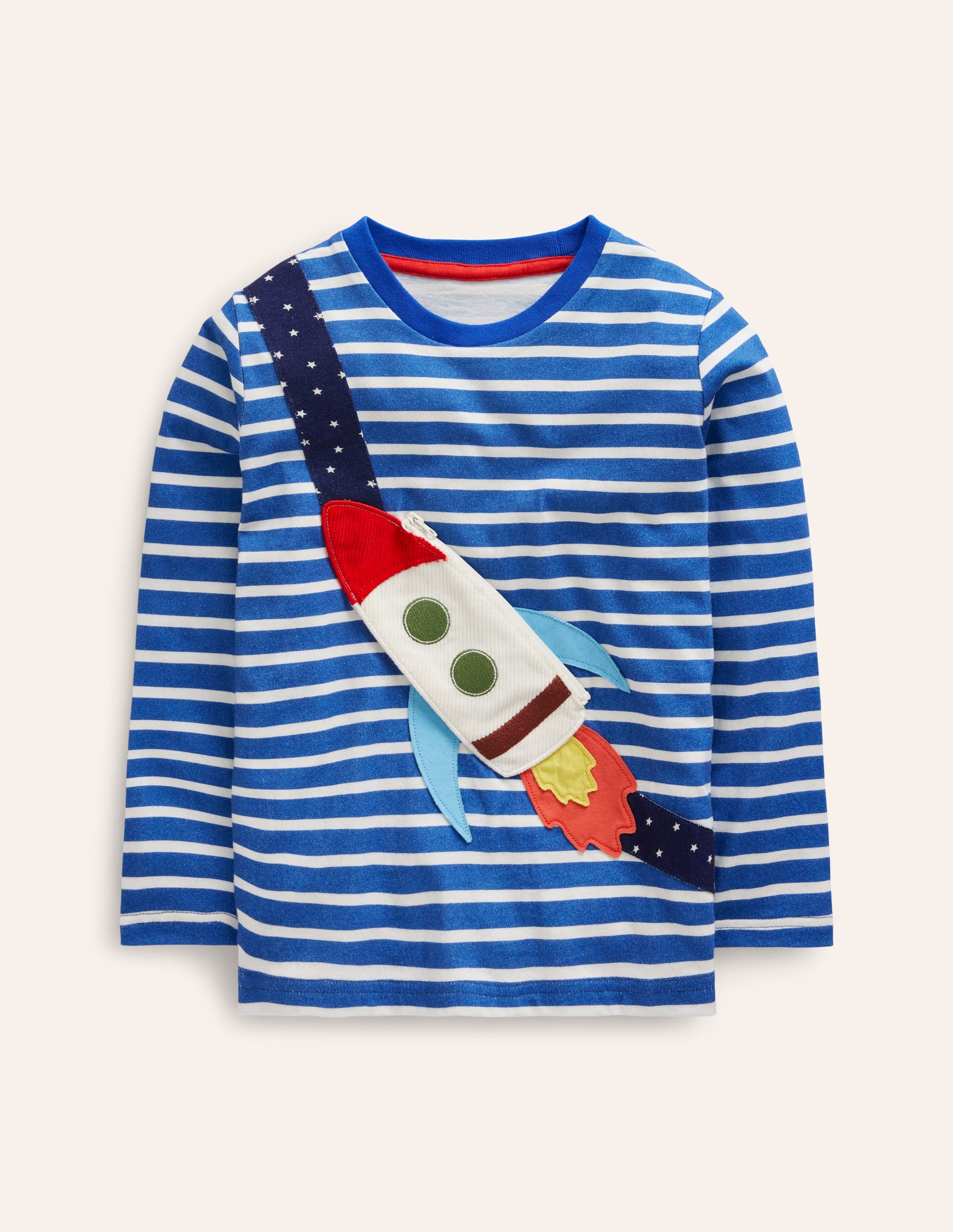 T-Shirt mit originellem Taschenaufdruck-Delft und Naturweiß Streifen - Image 1