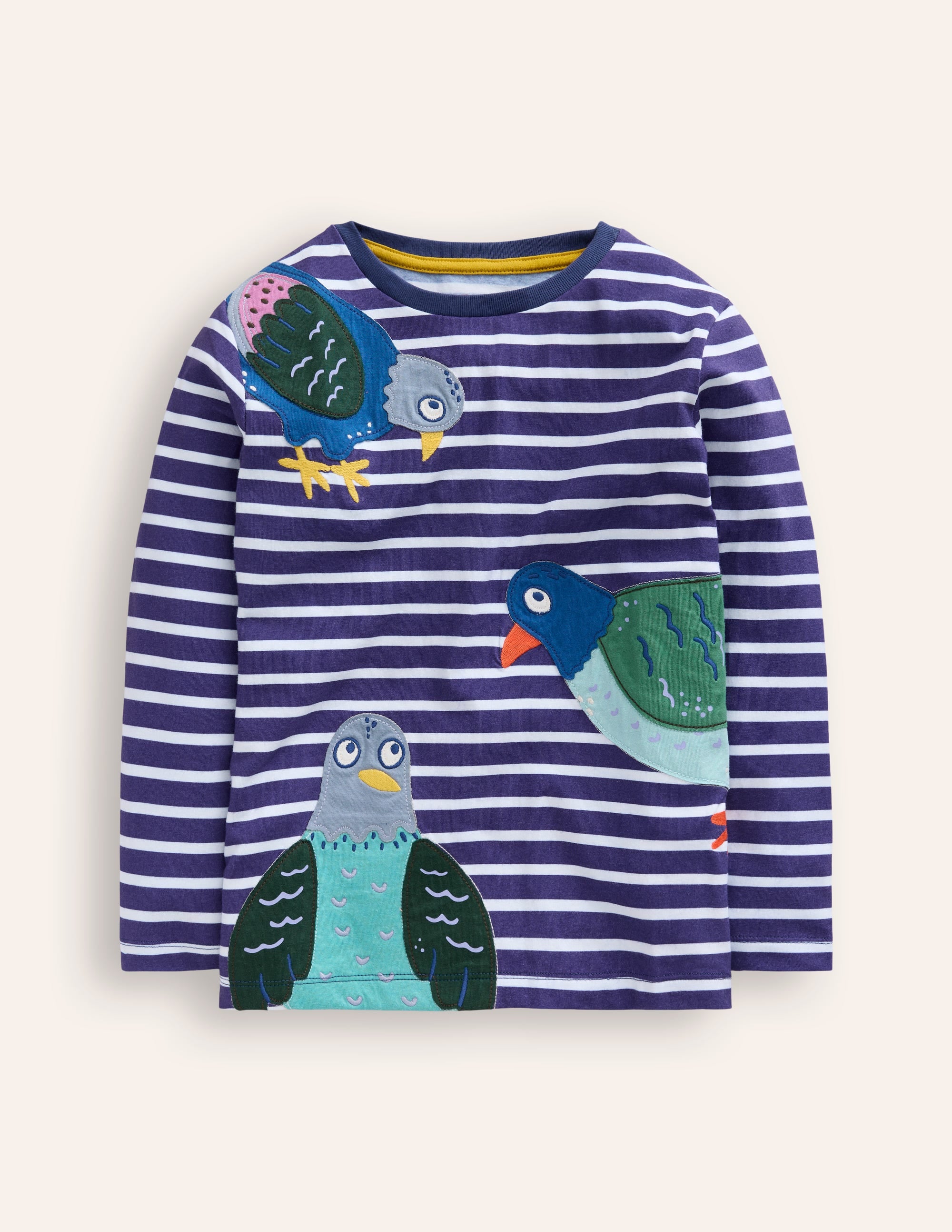 T-shirt façon marinière à appliqués-Pigeons bleu denim et ivoire - Image 3