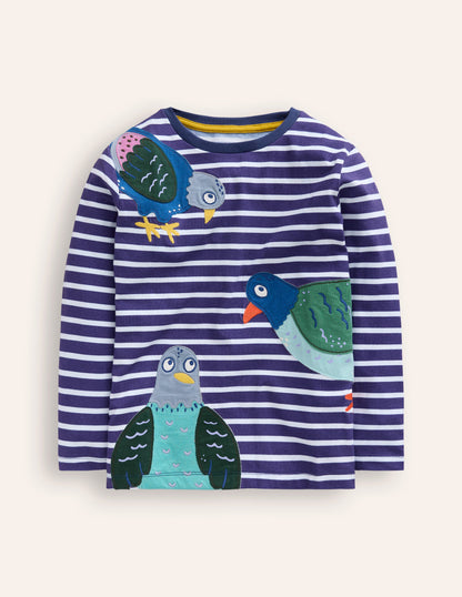 T-shirt façon marinière à appliqués-Pigeons bleu denim et ivoire-5