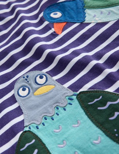T-shirt façon marinière à appliqués-Pigeons bleu denim et ivoire-7