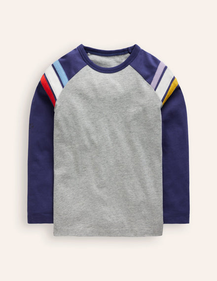 T-shirt à manches longues raglan-Gris chiné/bleu tribord