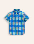Chemise en coton et lin-Carreaux bleu/vert