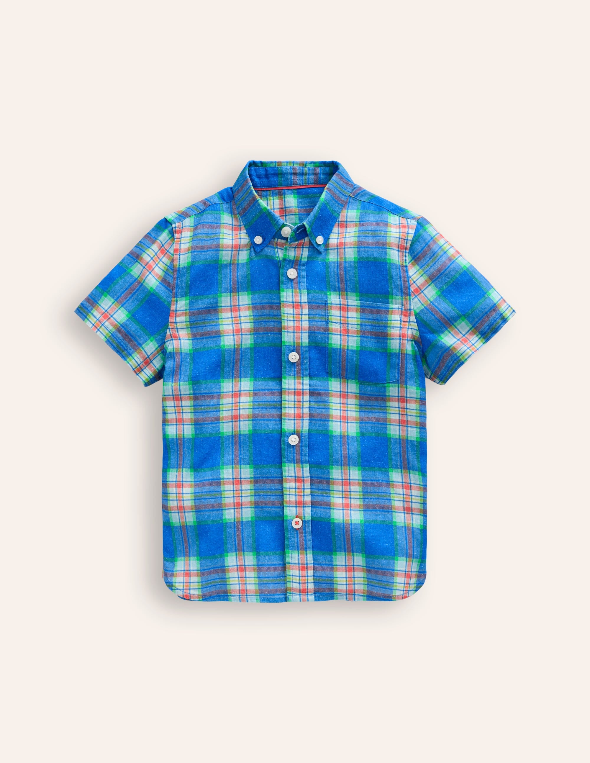 Chemise en coton et lin-Carreaux bleu/vert - Image 1