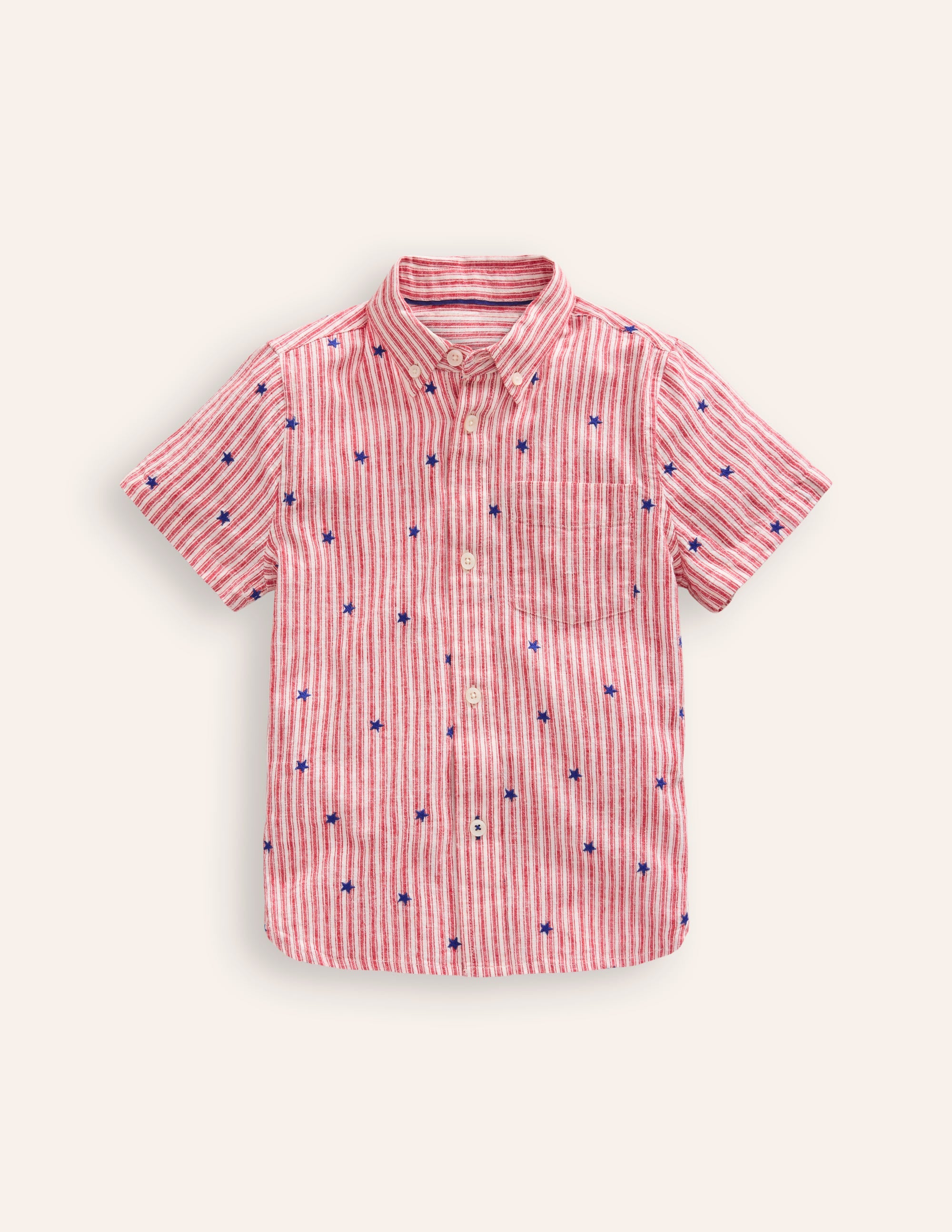 Chemise en coton et lin-Broderie étoile rayé rouge - Image 1