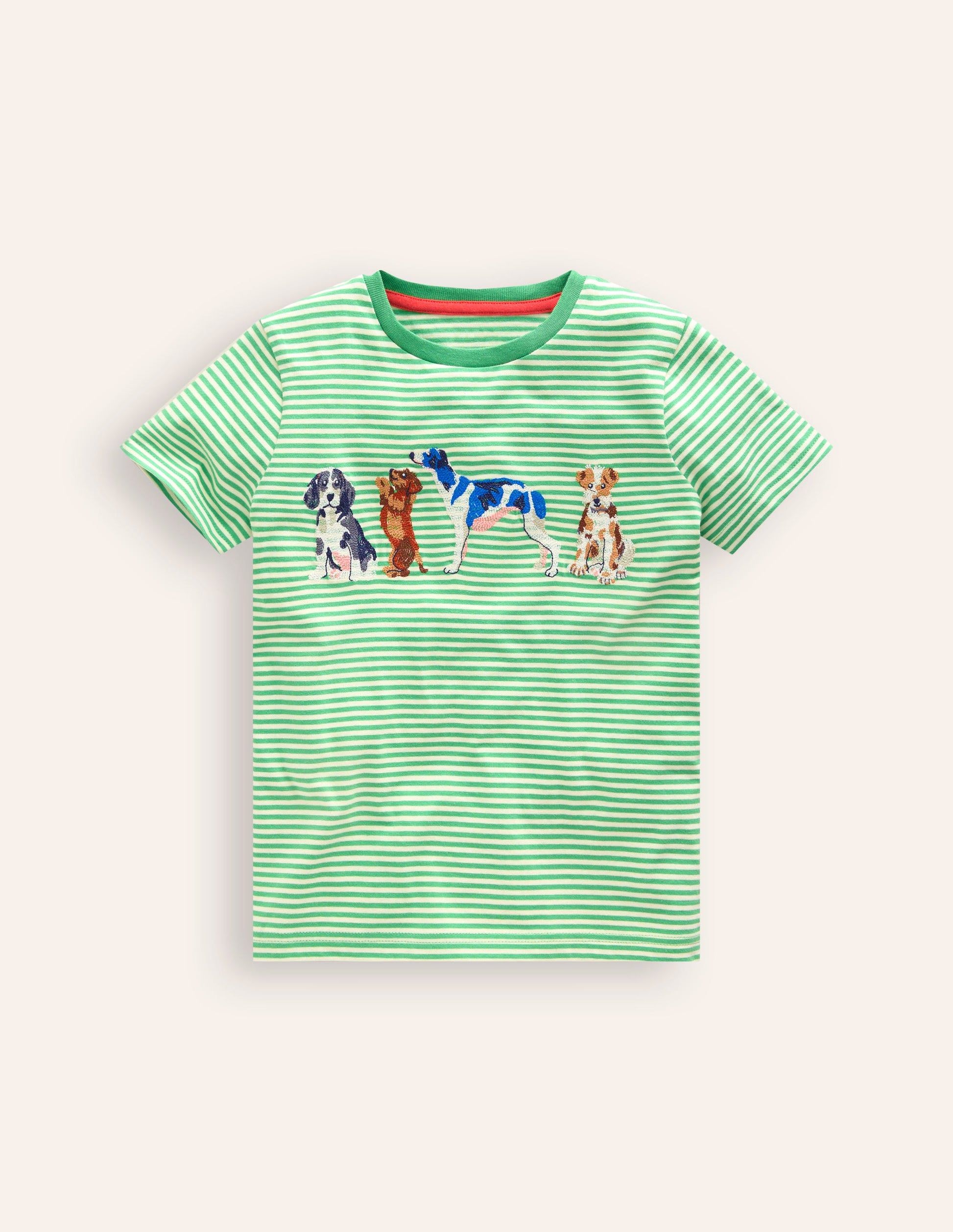T-Shirt mit Superstitch-Hundemotiv-Pistaziengrün / Naturweiß Streifen-1