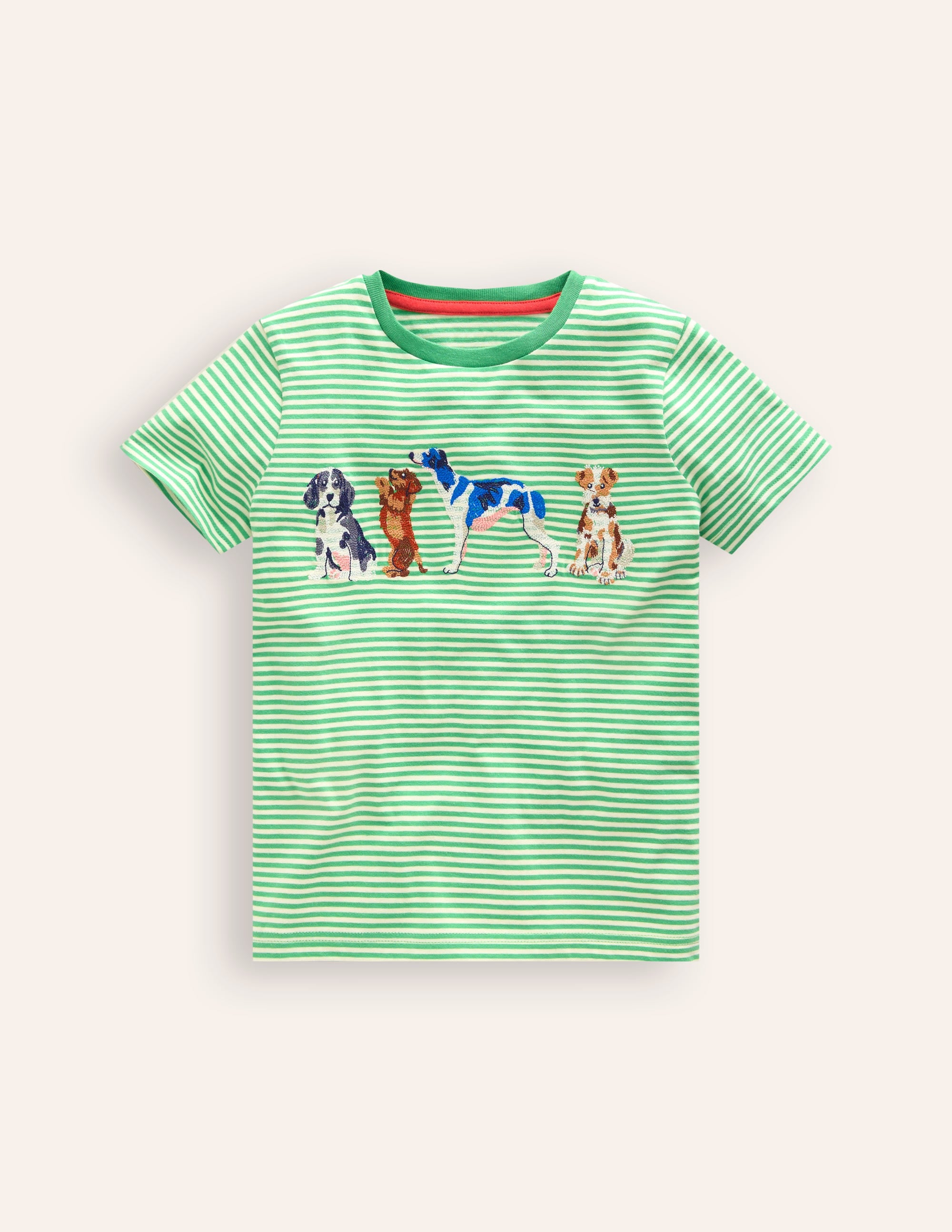 T-Shirt mit Superstitch-Hundemotiv-Pistaziengrün / Naturweiß Streifen - Image 1