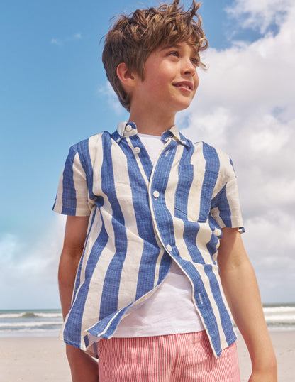 Chemise en coton et lin-Rayé bleu saphir/ivoire-1