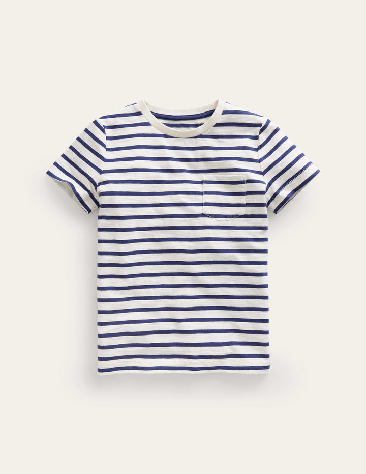 Vorgewaschenes Flammgarn-T-Shirt-Segelblau/Naturweiß