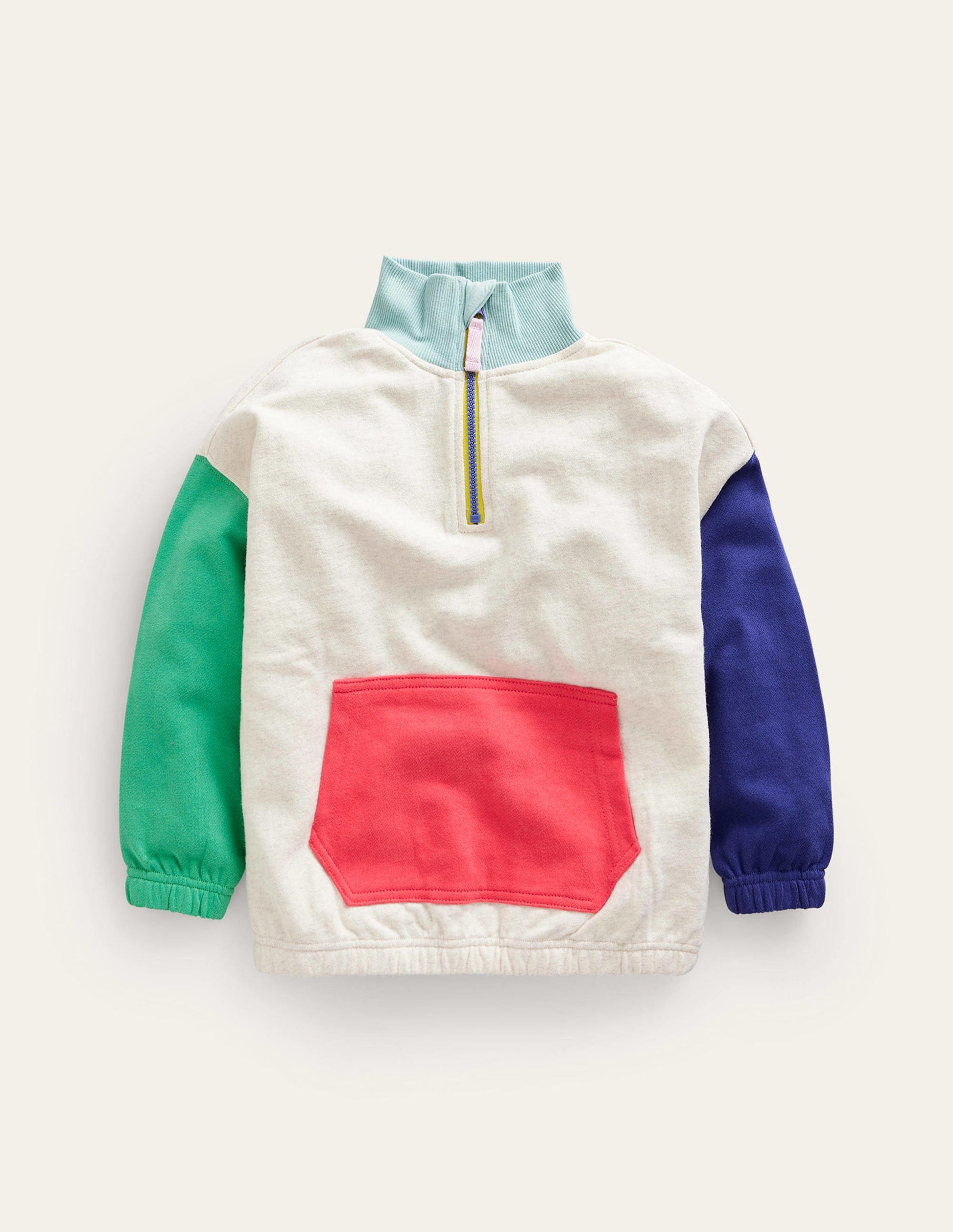 Sweater mit halbem Reißverschluss in Blockfarben-Haferbeige meliert Blockfarben-1