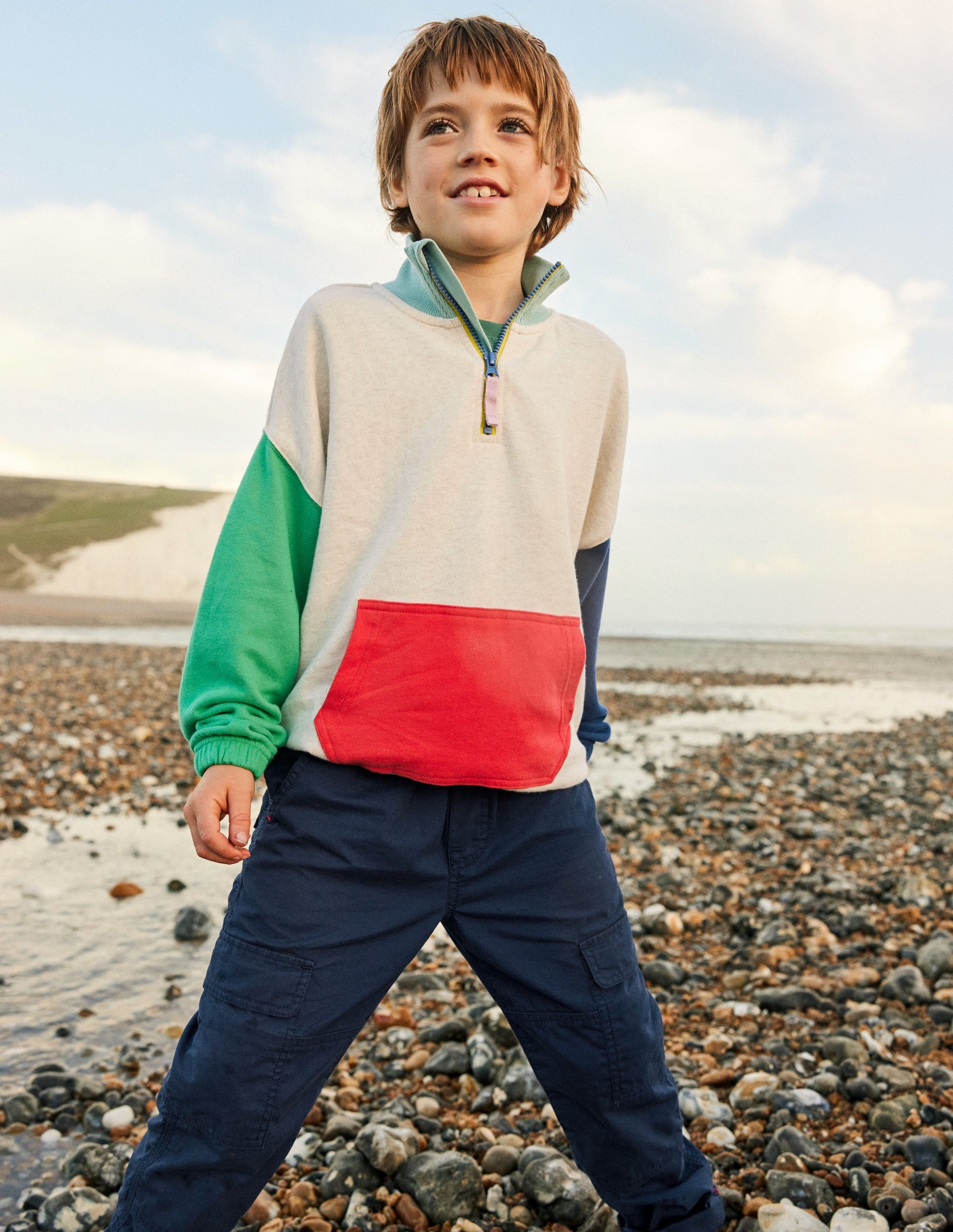 Sweater mit halbem Reißverschluss in Blockfarben-Haferbeige meliert Blockfarben-4