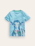 T-shirt animal à super surpiqûres-Vache bleu pied-d’alouette