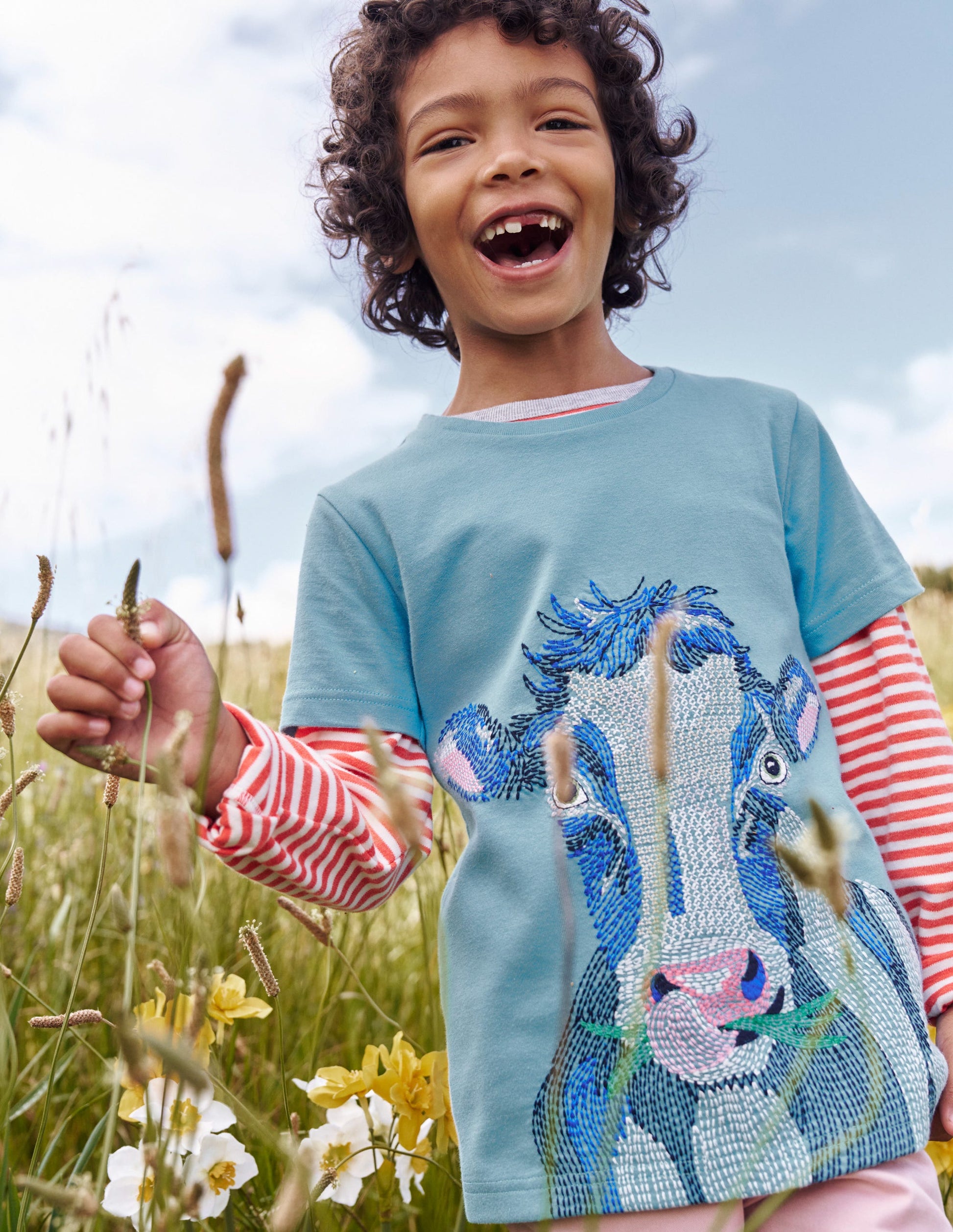 T-shirt animal à super surpiqûres-Vache bleu pied-d’alouette-4