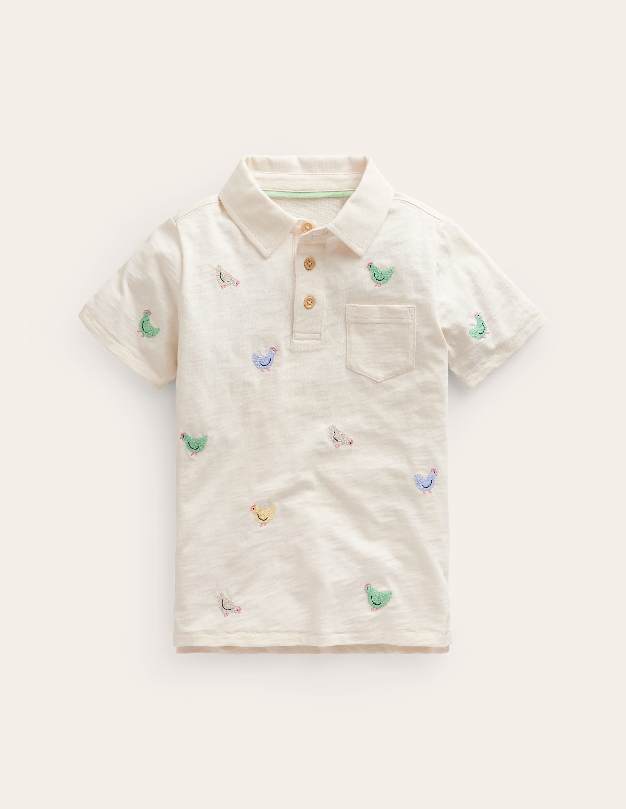 Embroidered Slub Polo Shirt-Ivory Chicken Embroidery - Image 1