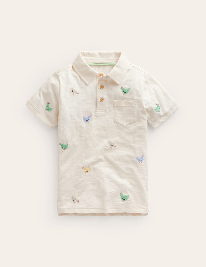 Embroidered Slub Polo Shirt-Ivory Chicken Embroidery