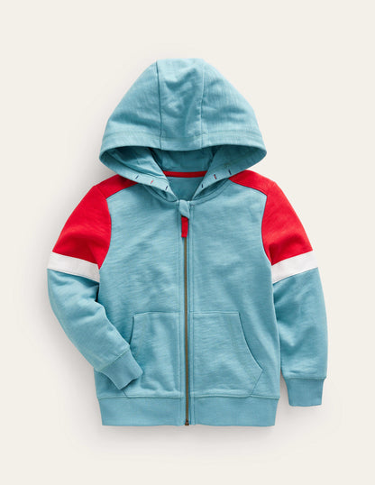 Hoodie mit Reißverschluss in Blockfarben-Enteneiblau/Mohnblumenrot-1