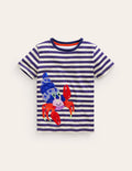 T-Shirt mit Krabben-Applikation-Saphirblau/Naturweiß Krabben