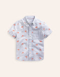 Chemise en coton et lin-Crevettes rayé bleu écume