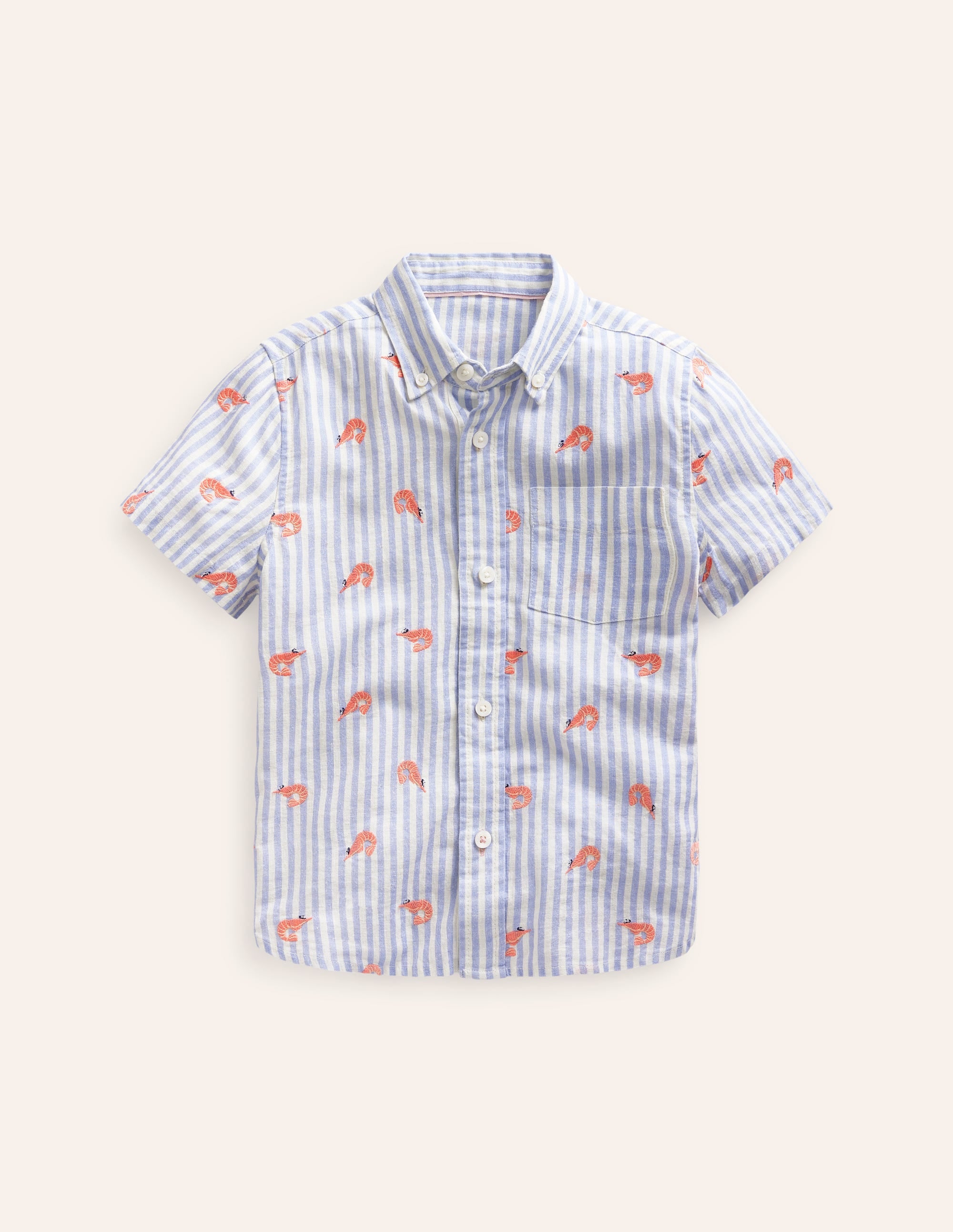 Chemise en coton et lin-Crevettes rayé bleu écume - Image 1