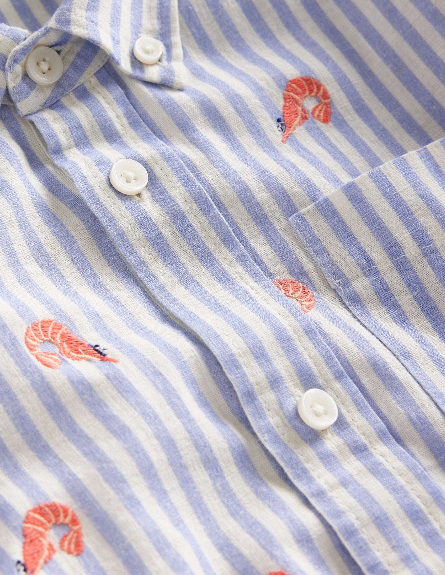 Chemise en coton et lin-Crevettes rayé bleu écume