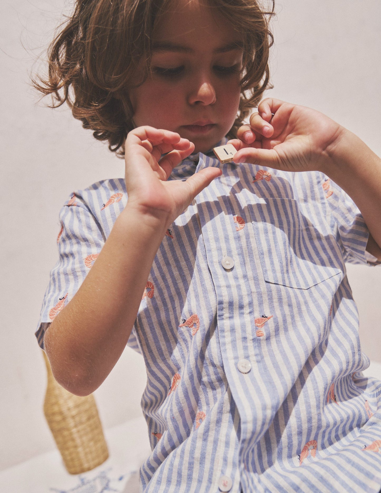 Chemise en coton et lin-Crevettes rayé bleu écume