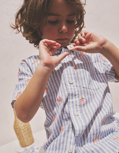Chemise en coton et lin-Crevettes rayé bleu écume-1