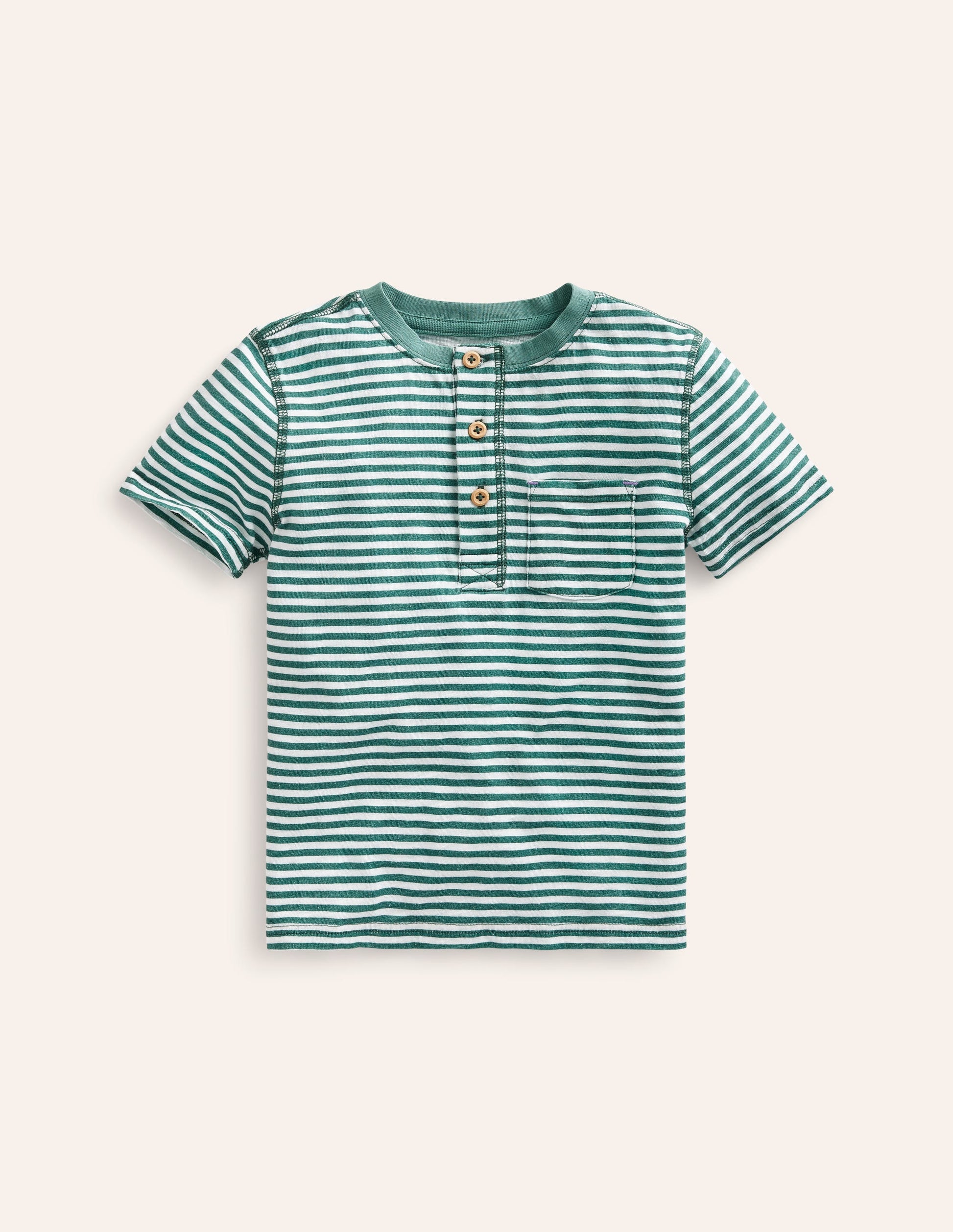 T-shirt à col tunisien en coton délavé-Rayé vert épicéa/ivoire-1