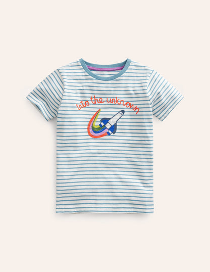 T-shirt graphique brodé-Fusée bleu saphir/ivoire-1