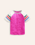 Short Sleeve Raglan T-shirt-Penelope Pink/ Rainbow Stripe
