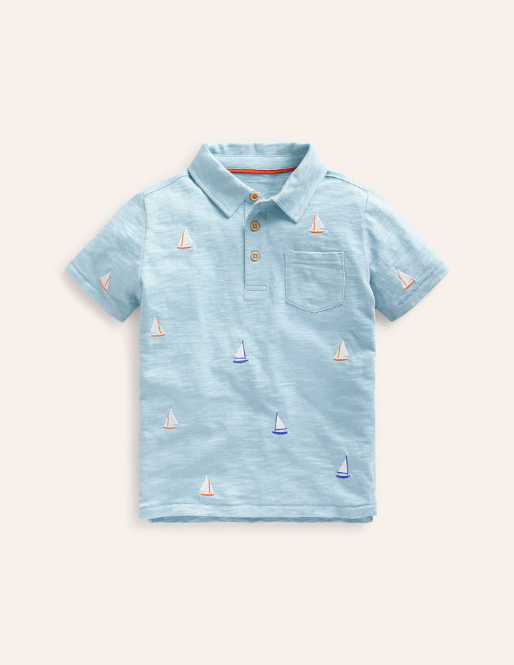 Embroidered Slub Polo Shirt-Vintage Blue Boat Embroidery