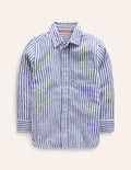 Langärmliges Hemd aus Baumwollleinen-Schuluniform-Marineblau / Naturweiß gestreift