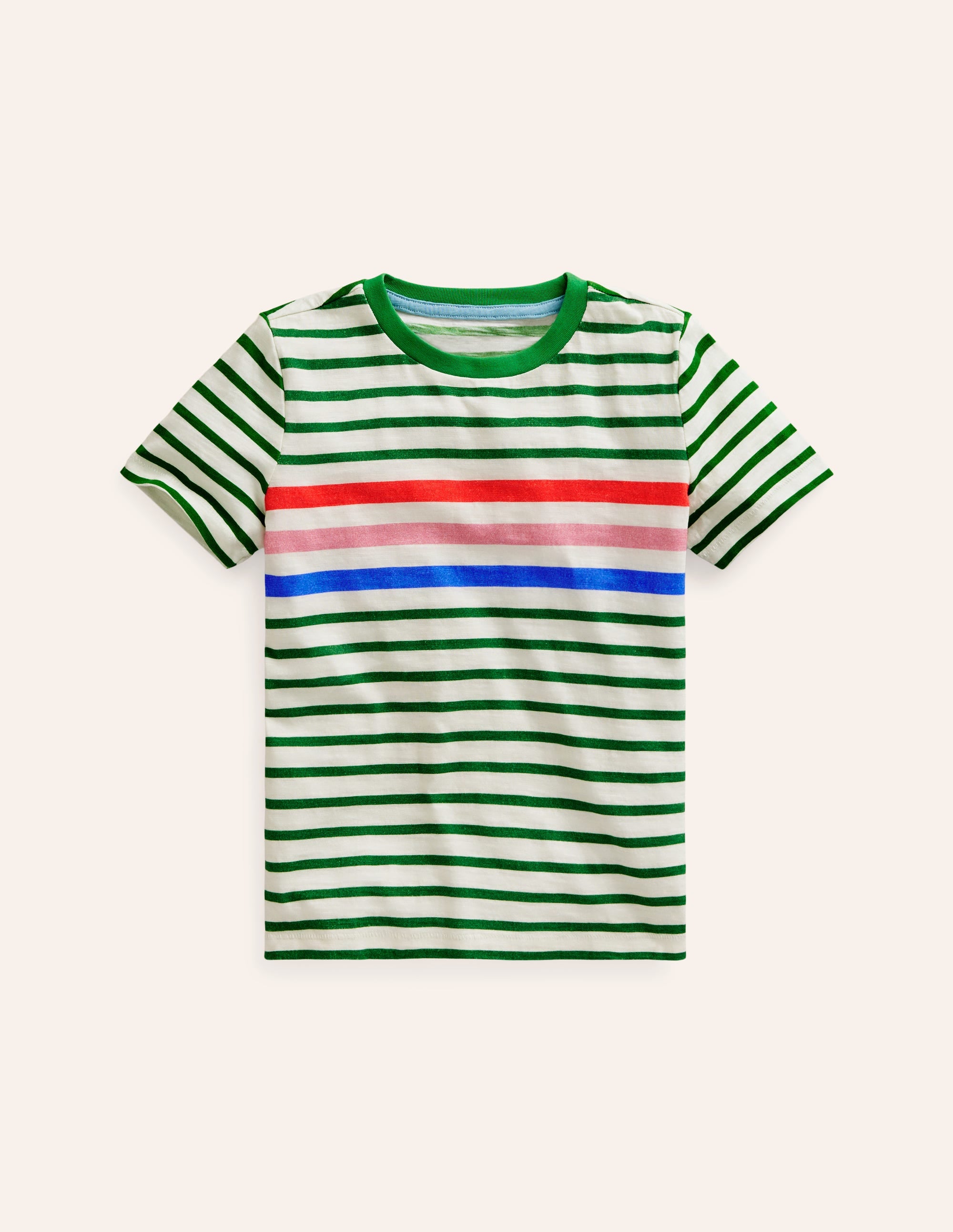 T-Shirt aus Flammgarn mit Regenbogen-Streifen-Highland-Grün Bunt Streifen - Image 1