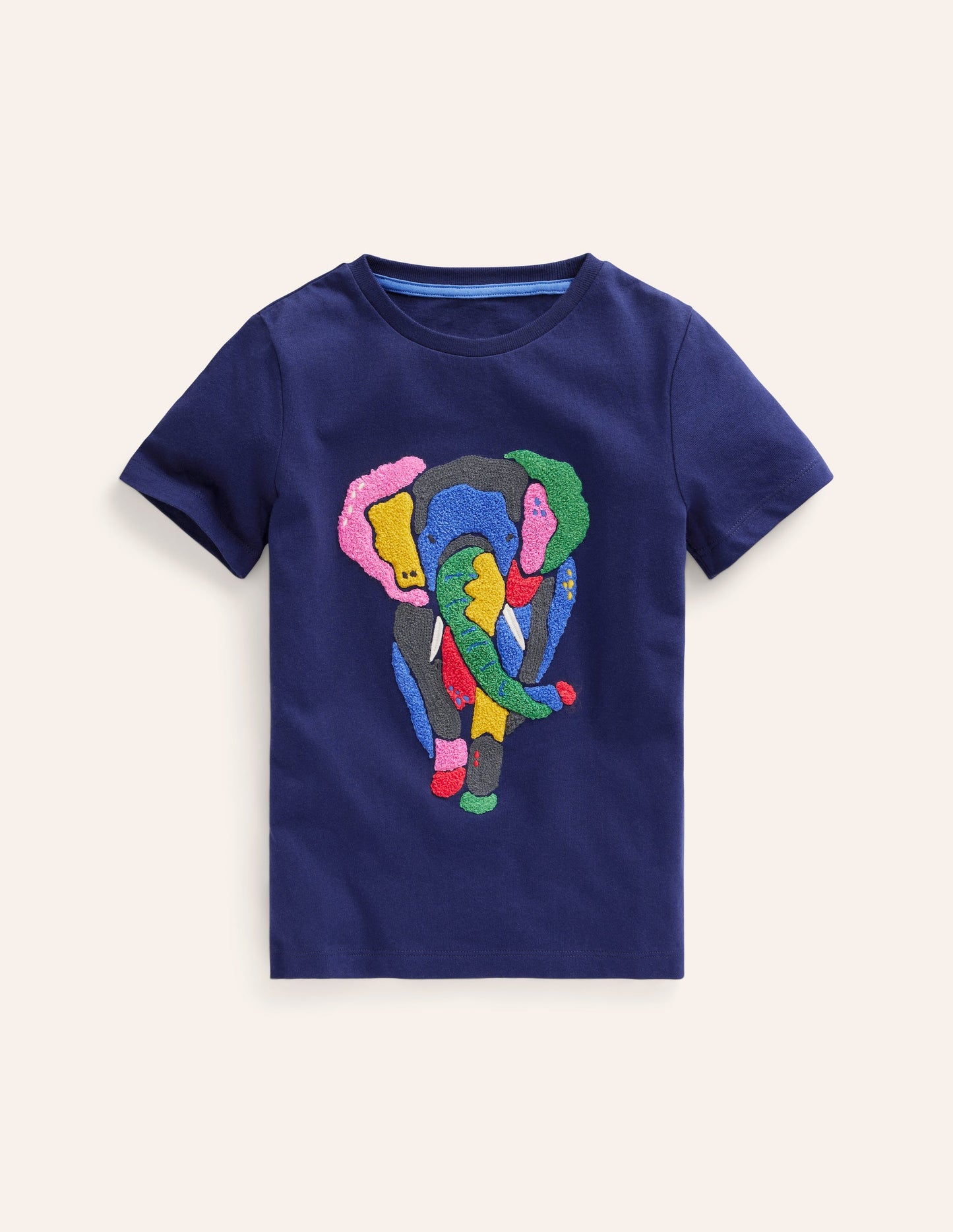 T-shirt à motif animal en point de chaînette-Éléphant bleu marine universitaire