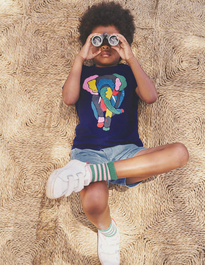 T-shirt à motif animal en point de chaînette-Éléphant bleu marine universitaire-4