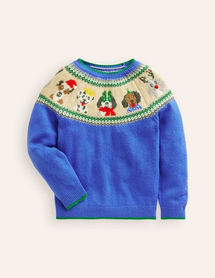 Fair-Isle-Pullover-Griechisches Blau Festtagshunde