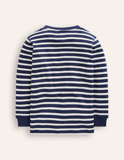 Henley-T-Shirt mit Waffelmuster-Schuluniform-Marineblau und Naturweiß gestreift